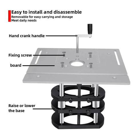 Pro Grade Router Lift And Aluminum Table Insert Plate with hand crank, fixing screws, and adjustable base for smooth routing.