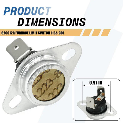 Close-up of Two Pack 626612R Furnace Limit Switch L165-30F Auto Reset Safety Switch with dimensions and design details.
