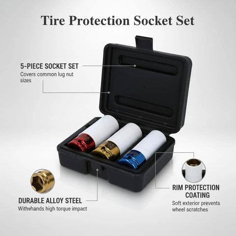 Premium Tire Protection Impact Socket Set With Coated Alloy Steel Lug Nut Rims For Wheel Maintenance, 5-Piece Kit Includes Storage Case To Keep Your Rides Clean And Safe From Scratches While Hitting The Road. 5-piece socket set in storage case with rim protection coating and alloy steel impact sockets