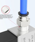 Close-up of 12V DC 1/4 Inch NPT 2 Way 2 Position Normally Closed Solenoid Air Valve Model 2V025-08 with blue tubing and fitting