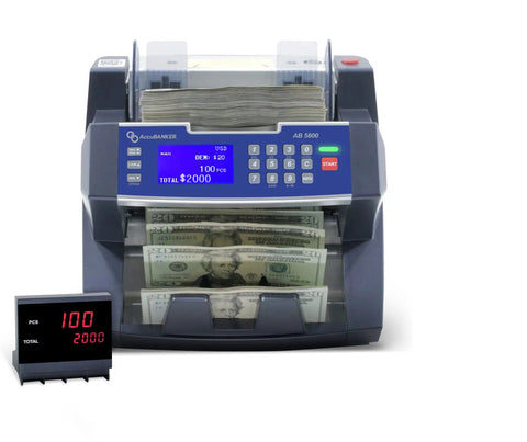 Bank Grade Bill Counter With Batch Value And Total Denomination Calculator, Multi Currency Money Counter With 3 Point Counterfeit Detection MG And UV, 300 Bill Hopper, Perfect For USD EUR CAD MXN Cash Handling showing digital display
