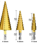 Metric Step Drill Bit Set HSS Cone Bits, 3-Piece, 4-12mm 4-20mm 4-32mm, Heavy Duty Fast Cutting With Double Groove For Plastic, Wood, Stainless Steel Sheet Metal, Portable Bag Included, Tworider, shown front view.
