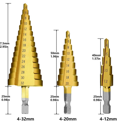 Metric Step Drill Bit Set HSS Cone Bits, 3-Piece, 4-12mm 4-20mm 4-32mm, Heavy Duty Fast Cutting With Double Groove For Plastic, Wood, Stainless Steel Sheet Metal, Portable Bag Included, Tworider, shown front view.