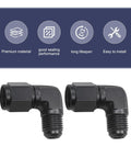2-pack aluminum 6AN female to 3/8 barb 90-degree hose swivel fittings, black
