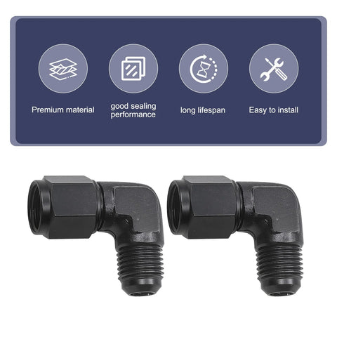 2-pack aluminum 6AN female to 3/8 barb 90-degree hose swivel fittings, black