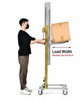 Heavy Duty Manual Material Lift Stacker With 4 Rolling Wheels And 176 Lbs Capacity hand crank lifter in use, adjusting height with a box.