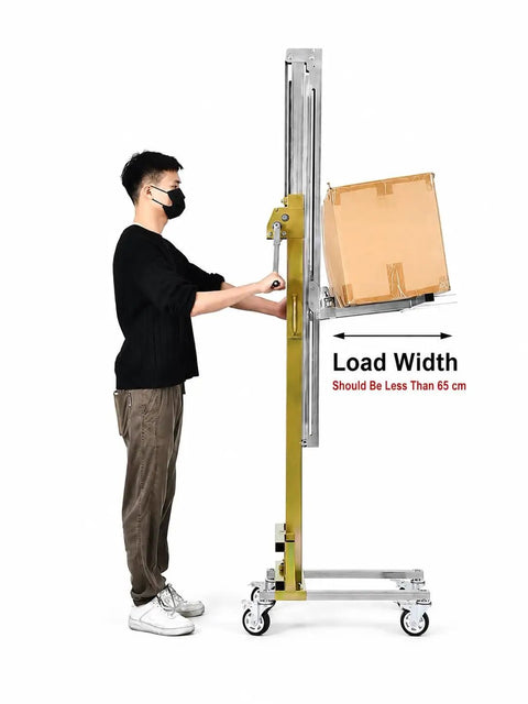 Heavy Duty Manual Material Lift Stacker With 4 Rolling Wheels And 176 Lbs Capacity hand crank lifter in use, adjusting height with a box.