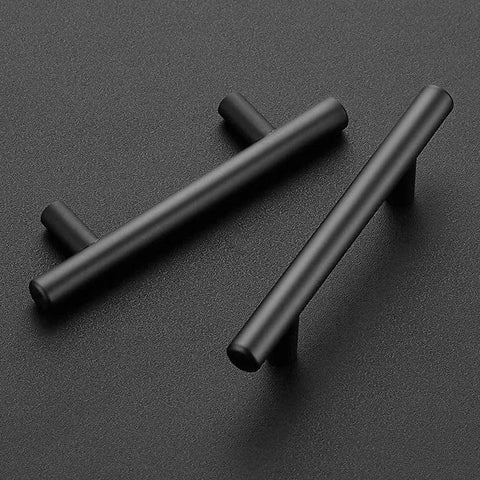 Set Of 30 Matte Black Cabinet Pulls, 5 Inch Length, 3 Inch Hole Centers (76mm), Stainless Steel Drawer Handles, top view on dark background