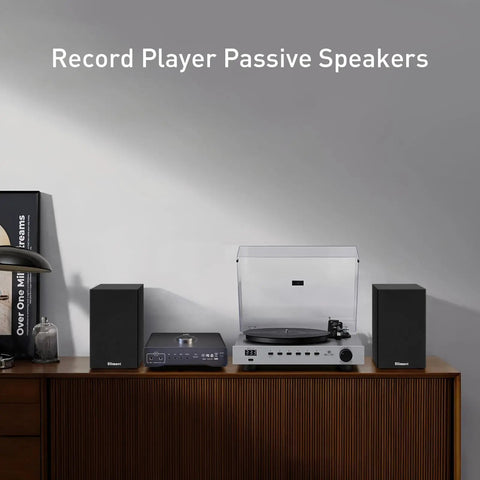 Passive Bookshelf Speakers With 4 Inch Woofer And 1 Inch Silk Tweeter, flanking a record player and amplifier setup.