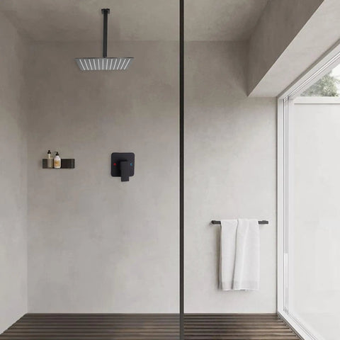 Minimalist bathroom with matte black ceiling shower system with 10 inch rain shower head, valve and trim in nickel finish.