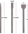 SDS Max Chisel Set Three Piece Beast Built For Heavy Duty Masonry Tile Removal With Point Flat And Scaling Chisels dimensions shown