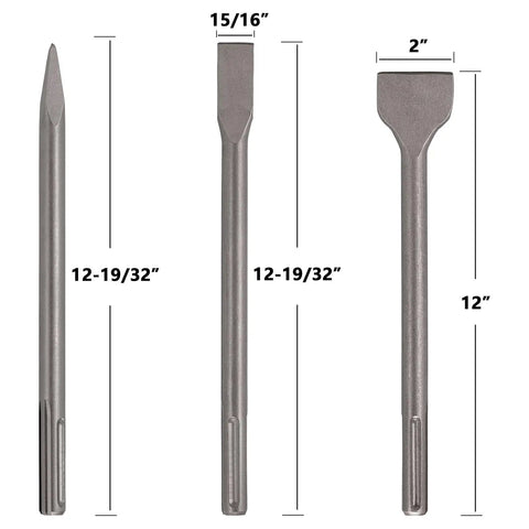 SDS Max Chisel Set Three Piece Beast Built For Heavy Duty Masonry Tile Removal With Point Flat And Scaling Chisels dimensions shown