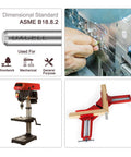 uxcell 4x30mm stainless steel dowel pins, set of 10; front collage showing pin, usage icons, drill press and clamps