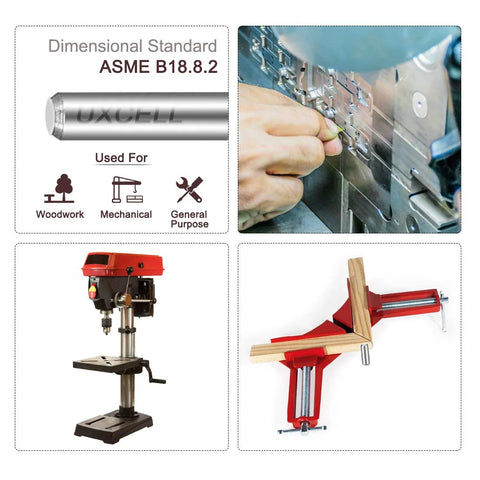 uxcell 4x30mm stainless steel dowel pins, set of 10; front collage showing pin, usage icons, drill press and clamps