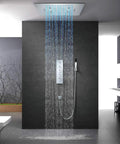 No Sweat Ceiling Mounted Shower Combo Set With Thermostatic Concealed Valve And Slick Chrome Trim For Modern Bathrooms Built Tough Copper Core Seamless LED Spray Head Plus Tub Spout in a contemporary bathroom.