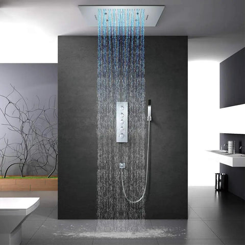 No Sweat Ceiling Mounted Shower Combo Set With Thermostatic Concealed Valve And Slick Chrome Trim For Modern Bathrooms Built Tough Copper Core Seamless LED Spray Head Plus Tub Spout in a contemporary bathroom.