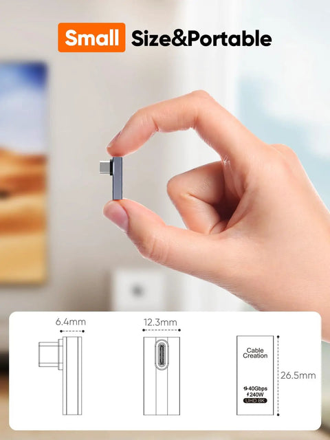 Hand holding 90 Degree Right Angle USB C Adapter, USB C Male To Female, 40Gbps 240W Fast Charging, shown with dimensions.