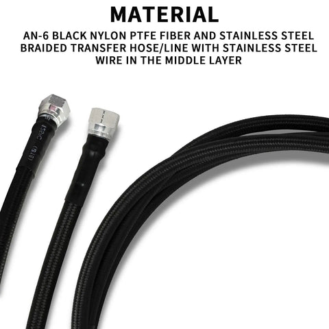 Beefed Up 6AN 70 Inch Transmission Cooler Lines Black Nylon Braided Hose Replacement For GM Chevy Ford Turbo 700R4 4L60E 4L65E 4L80E Performance Upgrade, showcasing black nylon PTFE fiber hose with stainless steel fittings