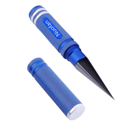 Close-up of a blue handle body reamer from RC Body Trim Kit With Reamer Hole Puncher And Curved And Straight Scissors For Lexan Shells