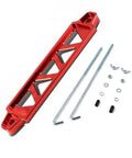 Heavy Duty Aluminum Alloy Car Battery Hold Down Bracket with J hooks and nuts, red triangular mounting frame, for secure battery installation.