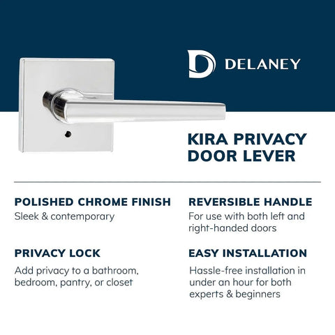Kira Privacy Door Lever Right Handed Privacy Lock for Bedroom and Bathroom Push Button Handle with Exterior Pin Key Polished Chrome Finish