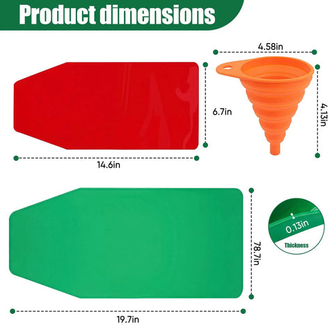 Three Piece Silicone Oil Drain Funnel Set dimensions: red 14.6x6.7in, green 19.7x7.9in, orange foldable funnel 4.58x6.7in