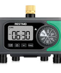 Front view of 4 Zone Sprinkler Timer With Brass Inlet And Digital Control, Auto Garden Hose Water Timer For Lawn