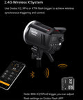 MS300-V Compact Studio Strobe Flash Light With 300W Power GN58, wireless remote control with smartphone and X2T trigger visible