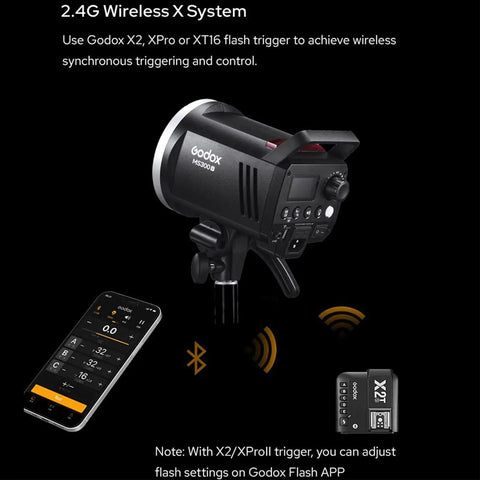 MS300-V Compact Studio Strobe Flash Light With 300W Power GN58, wireless remote control with smartphone and X2T trigger visible