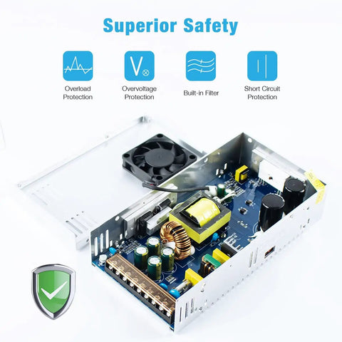 Beefy 12V 50A 600W Universal Power Supply For LED Strips And CCTV Systems with open casing showing components and cooling fan