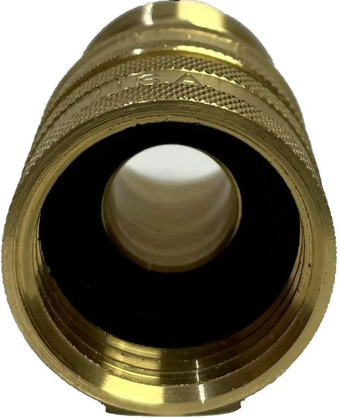 Front view of Solid Brass Garden Hose Quick Connector Made In The USA Heavy Duty Quick Connect Fitting For Five Eighths Inch And Three Quarter Inch Hoses Durable Anti Leak Easy On Off Corrosion Resistant Hose Adapter For Outdoor Watering