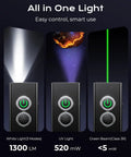 Display of the 1300LM EDC Pocket Flashlight With 5 In 1 Spotlight UV Green Beam Floodlight Red LED mode selector buttons