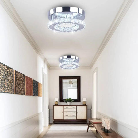 Hallway with Modern Mini LED Crystal Chandelier Ceiling Light Semi Flush Mount Round White Sleek Dope Crystal Lamp