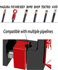 Diagram showing compatibility with multiple bike hydraulic pipelines for the All In One Hydraulic Hose Repair Kit With Aluminum Cutter, Needle Driver, And 8 Brass Olives For Clean Cuts, Tight Seals, And Quick Line Fittings On The Go For Bike Maintenance.