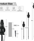 Image showing product components and dimensions of Six Pack Metal Citronella Torches For Outdoor Use 60 Inch Black Garden Yard Lights.
