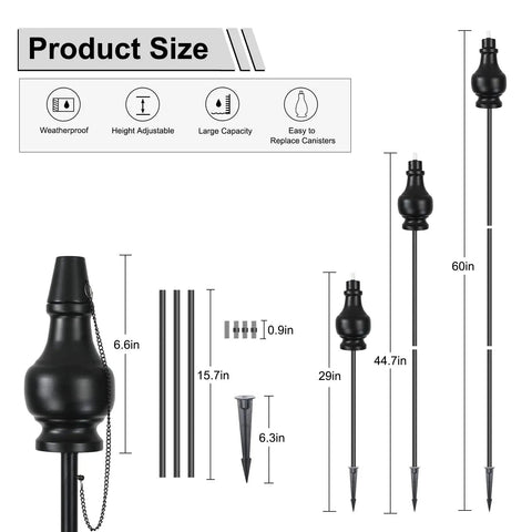 Image showing product components and dimensions of Six Pack Metal Citronella Torches For Outdoor Use 60 Inch Black Garden Yard Lights.