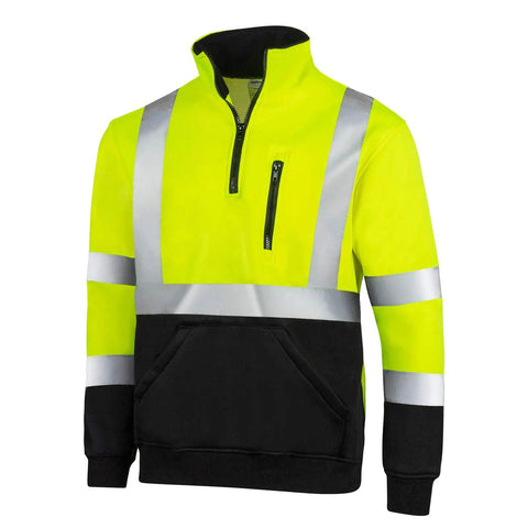 Hi Vis Quarter Zip Safety Sweater With Reflective Strips, ANSI ISEA Class 3 Type R For Yellow Black And Orange Black, Black Variant Class 1 Type O, 100 Percent Polyester, Reflective Work Pullover Built For Construction And Utilities.