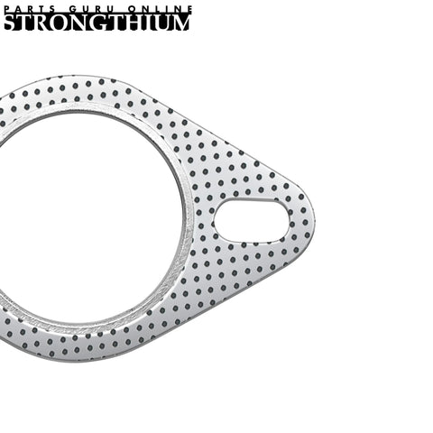 Front view of 2.5-inch graphite exhaust flange gasket with perforated metal surface and fire ring