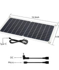 15W Flexible Waterproof Solar Panel USB C Charger with Micro USB and Barrel Port, black grid design, dimensions shown.
