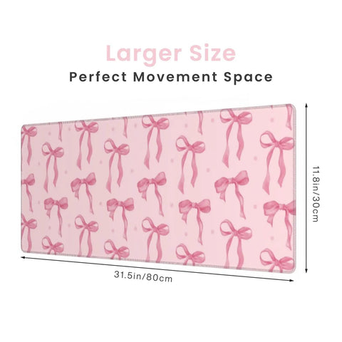 Large Pink Bow Desk Mat for Women 31.5 Inch Non Slip Keyboard And Mouse Pad With Stitched Edge, pink bow pattern