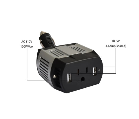 Road Ready 100 Watt Modified Sine Wave Power Inverter With 300 Watt Surge And Dual Usb Ports close-up image showing dual USB ports and cigarette lighter connection.