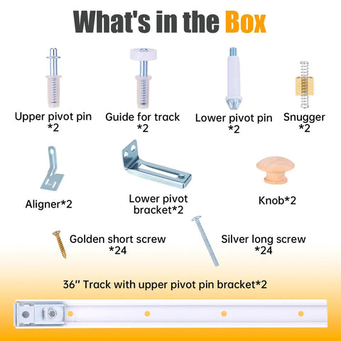 What's in the box for Premium Bifold Closet Door Hardware Kit includes 36 inch track, fasteners, and pivot components.