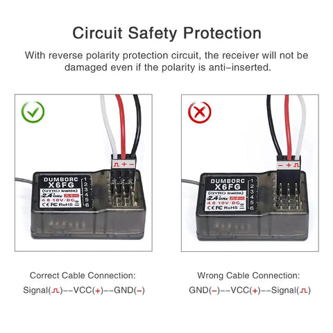 Correct and wrong cable connections for X6 FG 2.4GHz RC Radio Transmitter And Receiver With Gyro For Cars Boats Tanks, circuit safety