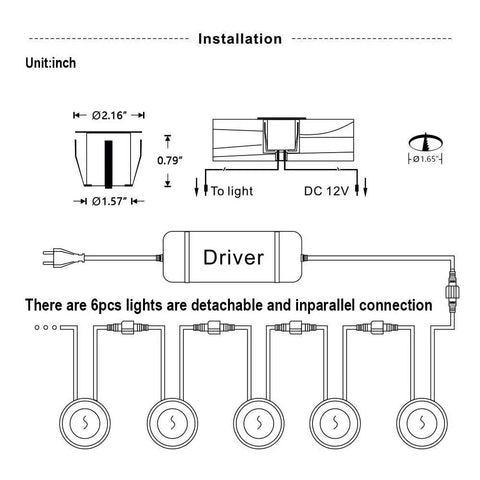 Diagram of 6 Pack Recessed LED Deck Light Kit Upgrade Version Waterproof IP67 Low Voltage Outdoor Lights showing installation details.