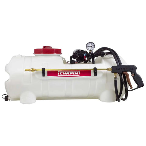 Side view of 15-Gallon 12 Volt Dripless EZ Mount ATV UTV Spot Sprayer with 2.2 GPM diaphragm pump and translucent white tank.