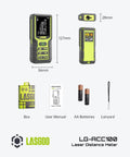 High Range Laser Distance Meter 100m With Angle Sensor And Backlit LCD Display, Measures Length, Area, Volume, And Pythagorean, Ft In M Unit Switching, Battery Included, Sleek Durable Handheld Tool For Pros And DIY Projects. 127mm handheld laser meter with batteries, lanyard, and box