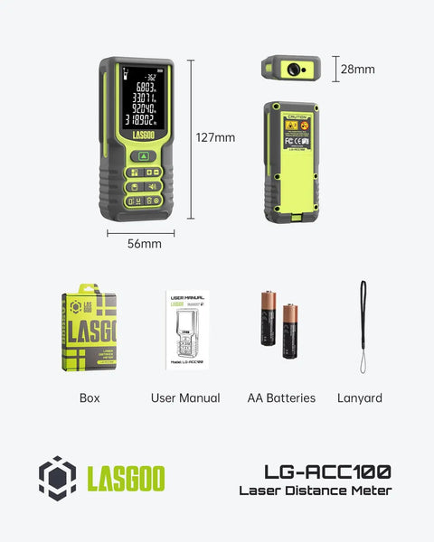 High Range Laser Distance Meter 100m With Angle Sensor And Backlit LCD Display, Measures Length, Area, Volume, And Pythagorean, Ft In M Unit Switching, Battery Included, Sleek Durable Handheld Tool For Pros And DIY Projects. 127mm handheld laser meter with batteries, lanyard, and box
