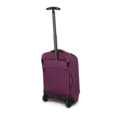 Back view of Moody Burgundy 2 Wheel Carry On Luggage With Oversized Wheels And Trolley Handle Lightweight Rolling Suitcase