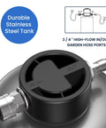 Close-up of Portable RV Water Softener 16,000 Grain with stainless steel tank and garden hose quick connects for RVs, trailers.
