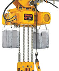 Heavy Duty Electric Chain Hoist With Smooth Rolling Trolley 20000 Lb Capacity And 10 Ft Lift Height showing yellow hoist with weight bags.